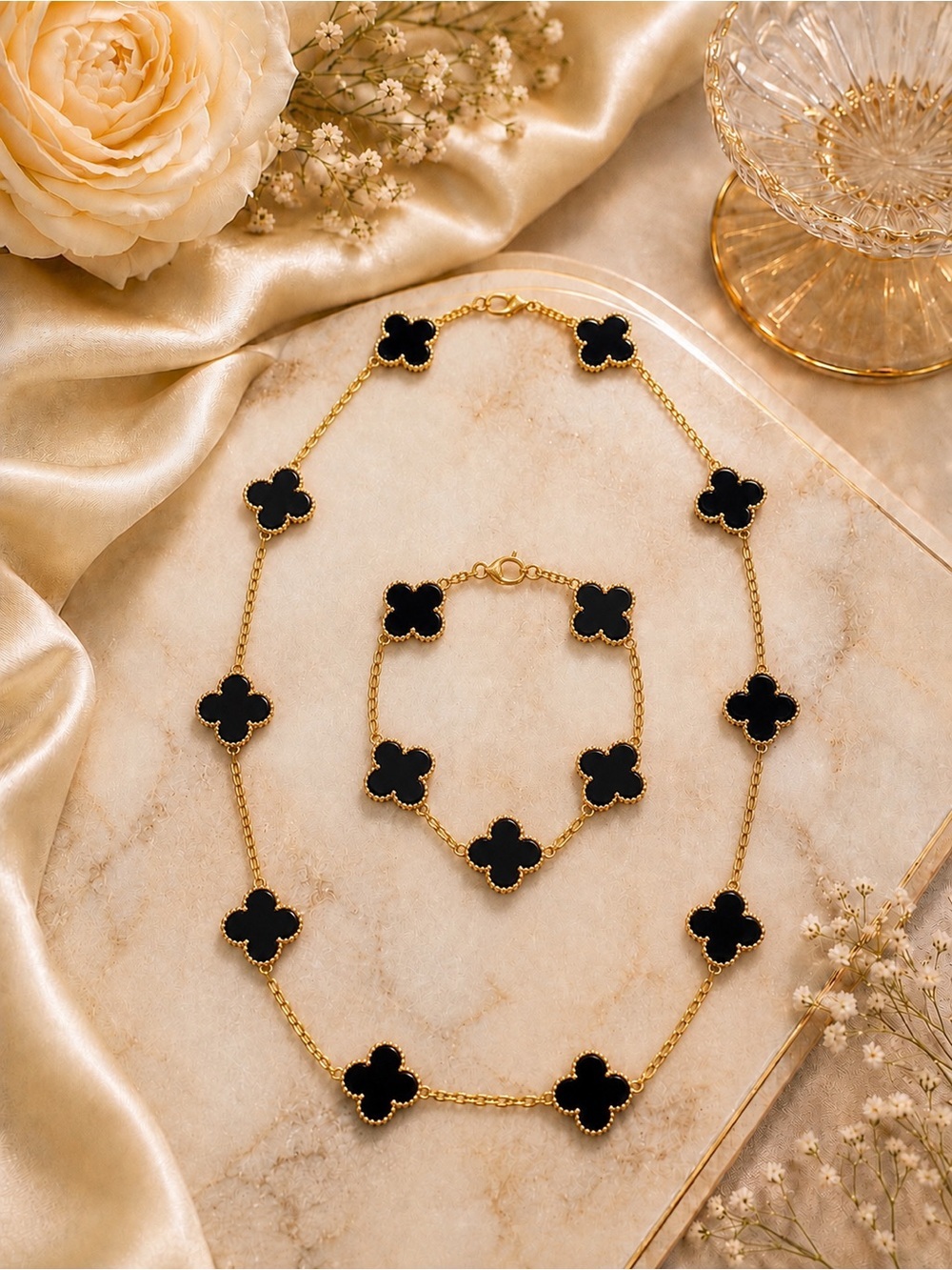 Black Clover 10-Motif Necklace & 5-Motif Bracelet Set | Gold Tone